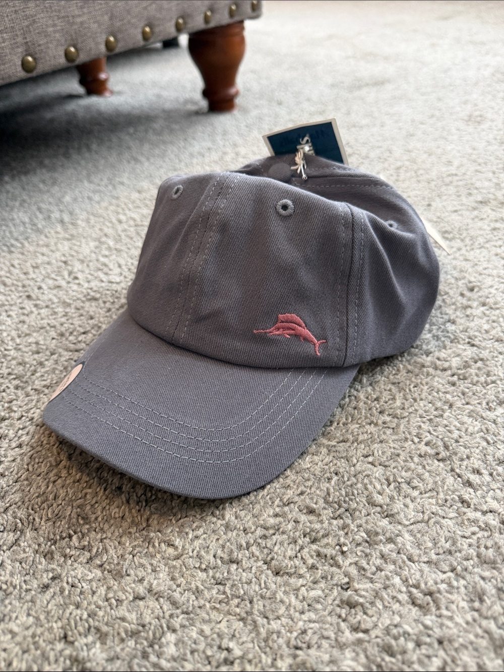 Tommy Bahama Gray Baseball Cap with Pink Marlin Logo